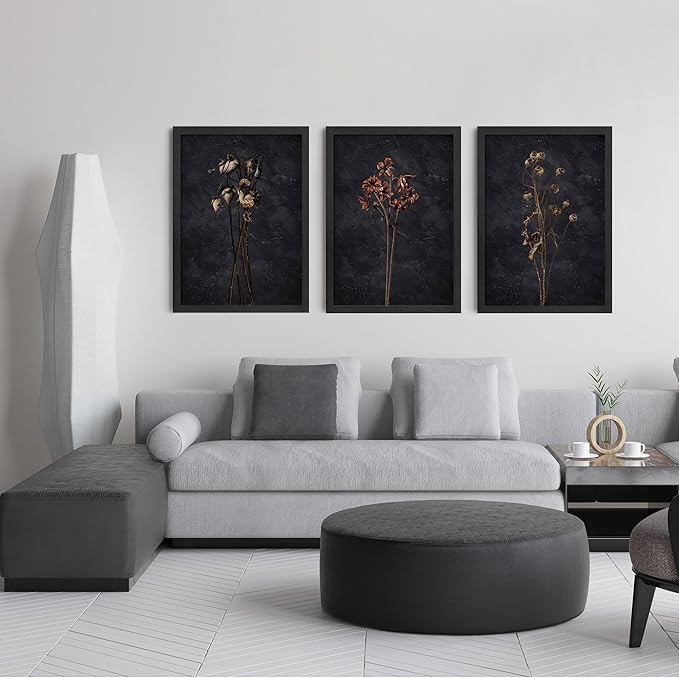 3 Piece Black Framed Dried Flower Wall Art Set Modern Minimalist Wall Decor For Living Room Bedroom Home Decoration Art Prints 16x24 Inches Wood Framed Easy to Hang