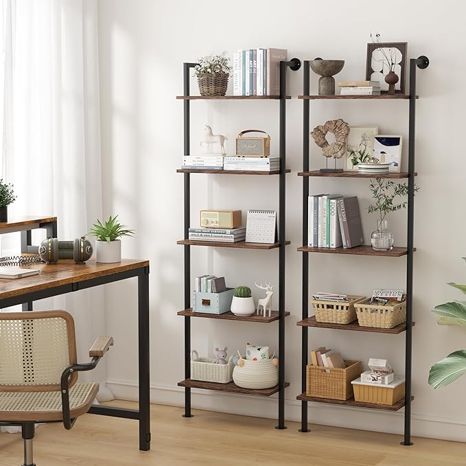 5-Tier Bookshelf - Solid Wood Narrow Ladder Shelf Set of 2, Wall Mount Bookcase for Living Room, Bedroom - Industrial Style, Dark Brown