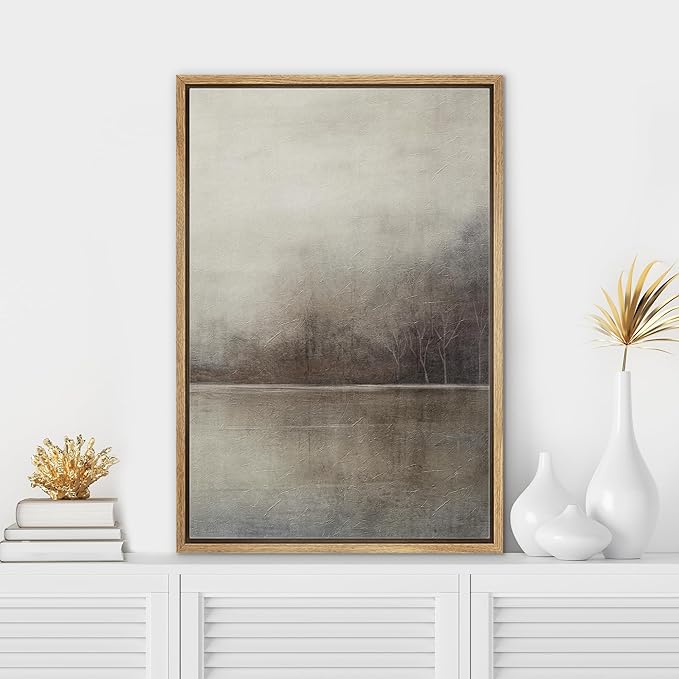 SIGNWIN Framed Canvas Print Wall Art Grey Tan Pastel Watercolor Grunge Landscape Abstract Shapes Illustrations Decorative Relax/Calm Zen for Living Room, Bedroom, Office - 24"x36" Natural