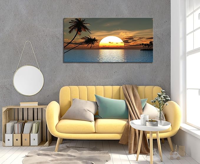 DZL Art S75662 Sunset Coconut Palm Trees Canvas Wall Art Palm Trees on the small island Tropical Scenery Nature Canvas prints Pictures for Living Room Home Office Wall Decor Artwork