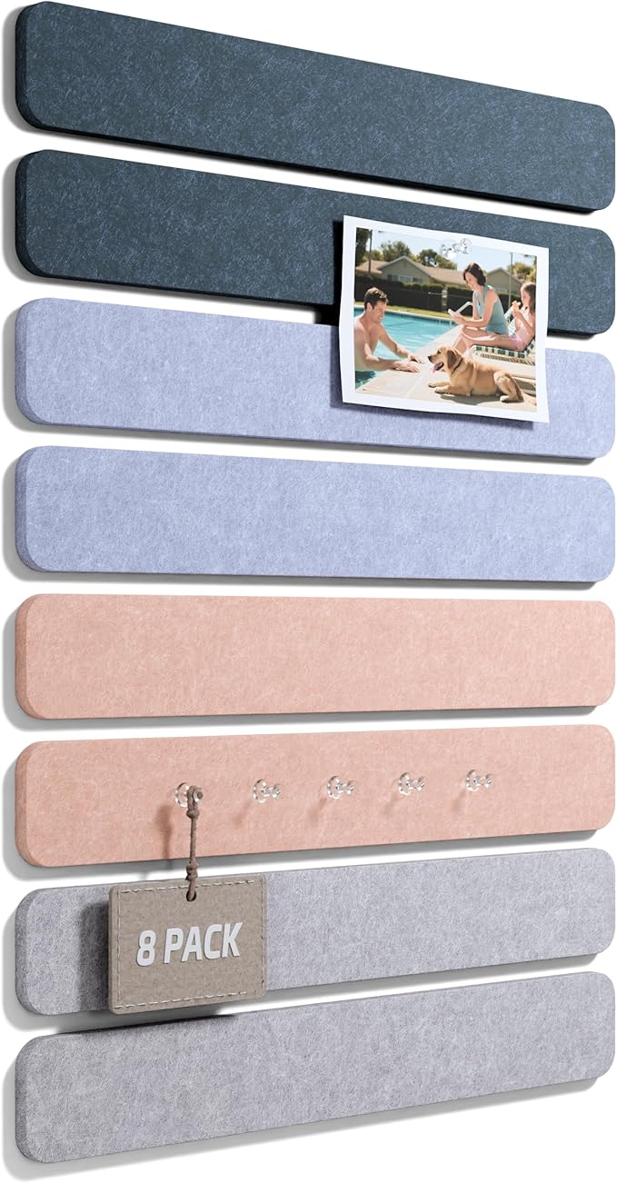 Cork Board Alternative Felt Strip Board 8-Pack 13"x2", Office Pin Board with 50 Push Pins, Adhesive Install for Bedroom Door & Home Office(Heather Grey)