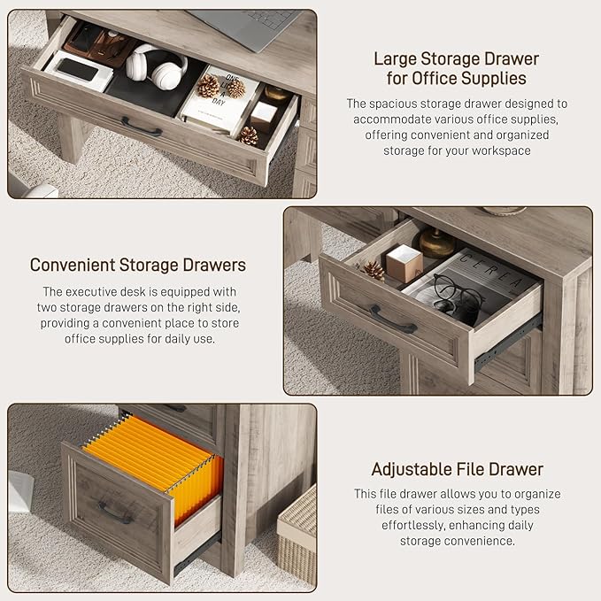 Vabches Farmhouse Executive Desk with Drawers, Home Office Desk with File Drawer, Wood Computer Desk with Ample Storage, Rustic Office Desk with Spacious Tabletop for Work, Grey