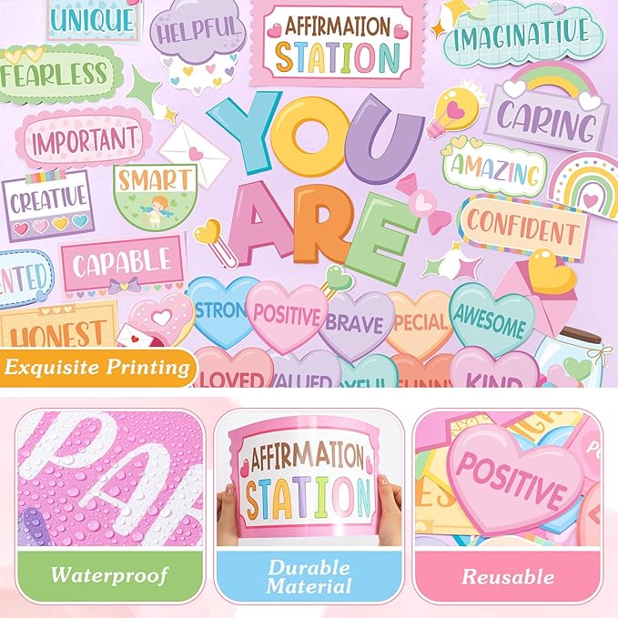 45pcs Candy Affirmation Station Bulletin Board Set Motivational Posters Classroom Mirror Growth Mindset Decor Positive Affirmations Accents Cutouts for School Office Home Teacher Wall