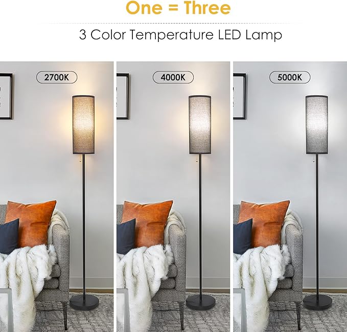 Floor Lamp for Living Room, 3 Color Temperature Modern Standing Lamps, Minimalist Floor Lights for Bedroom, Office, Reading,Black