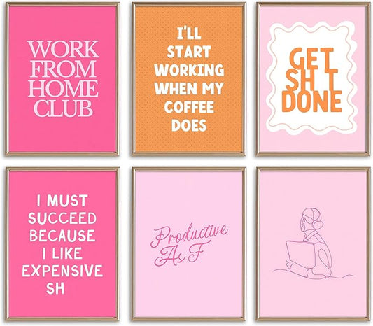 Motivational Wall Art for Women - 6 Pcs Set Pink Aesthetic 12"x16" Poster Prints - Home Office Inspirational Wall Decor Pictures - Positive Mindset Affirmations Quotes Artwork for Bedroom(unframed)