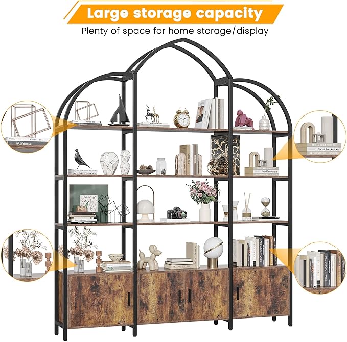 Semoic Arched Bookshelf and Bookcase with 3 Cabinets, Triple Wide 5 Tier Standing Book Shelf, Storage Display Rack Shelves, Industrial Open Bookshelf, Etagere Bookcase, Brown+Black