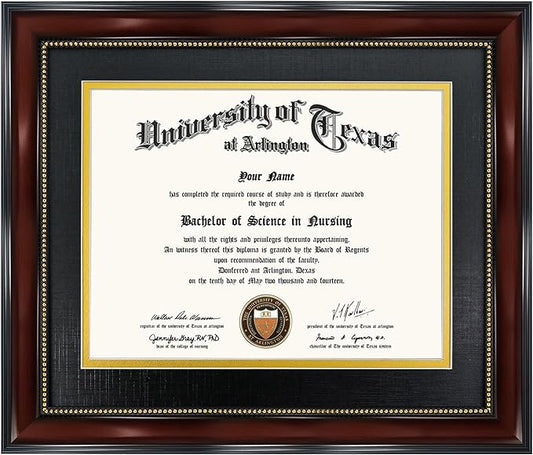 GraduationMall 8.5x11 Diploma Frame with Black over Gold Mat or Display 11x14 Document without Mat, UV Protection Acrylic, Mahogany with Gold Beads