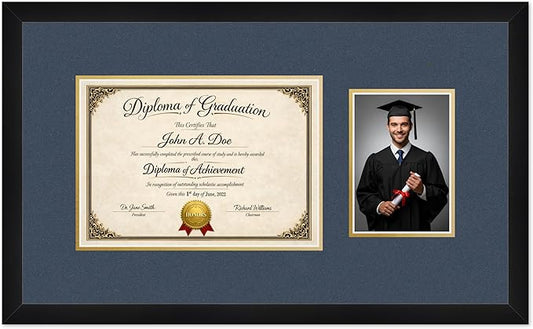 Diploma Frame With Photo Opening Matte Black Navy Blue Over Gold Mat - Fits 11.69 x 8.27 Degree and Picture Made in the USA