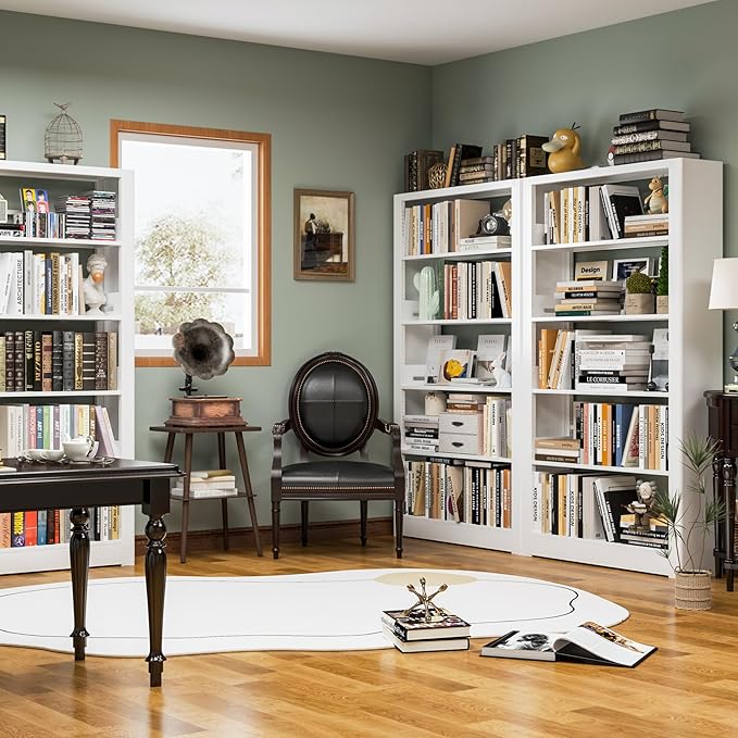 5-Tier Bookshelf, White Bookshelf with Adjustable Storage Shelves, Metal Bookshelf, 69" Tall Bookcase for Living Room, Library, Office, Bedroom, Including Book Stopper，36" Wide Bookshelves