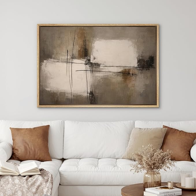 SIGNWIN Framed Canvas Print Wall Art Modern Neutral Abstract with Minimal Linear Accents Illustrations Modern Decorative for Living Room, Bedroom, Office - 24"x36" NATURAL