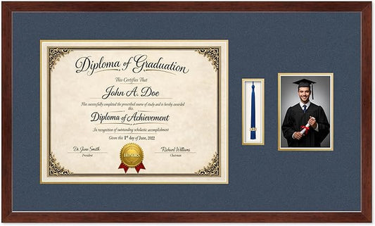 Diploma Tassel and Photo Frame Rustic Walnut Shadowbox Navy Blue Over Gold Mat - Fits 17 x 13 Degree Picture Made in the USA