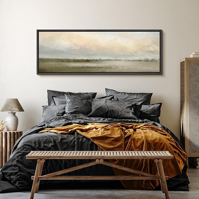 SIGNFORD Large Framed Canvas Soft Sunrise Over Misty Fields Illustrations Modern Art Calm Warm for Living Room, Bedroom, Office - 60"x20"