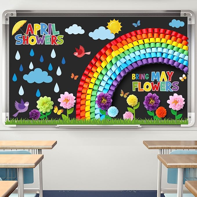 Blosssound Spring Bulletin Board Decorations April Showers Bring May Flowers Decorations 3D Spring Flower Rainbow Cutouts with Paper Flowers Blackboard Wall Decals for School Home Party Decor