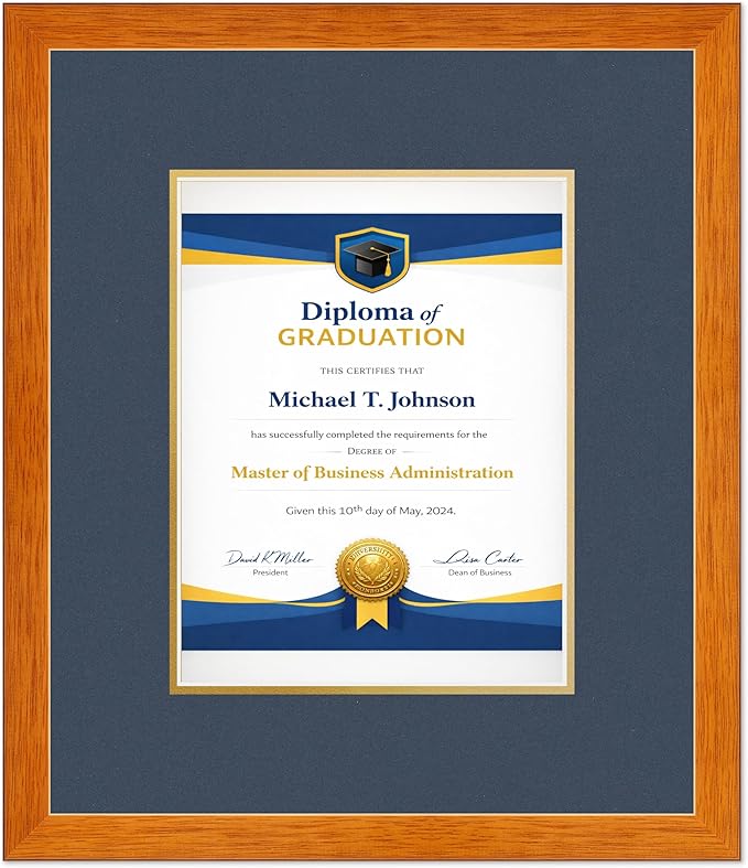 Diploma Frame Honey Oak with Navy Blue Over Gold Double Mat - Fits 8.5 x 11 Certificate (Portrait) Wall Display Made in the USA