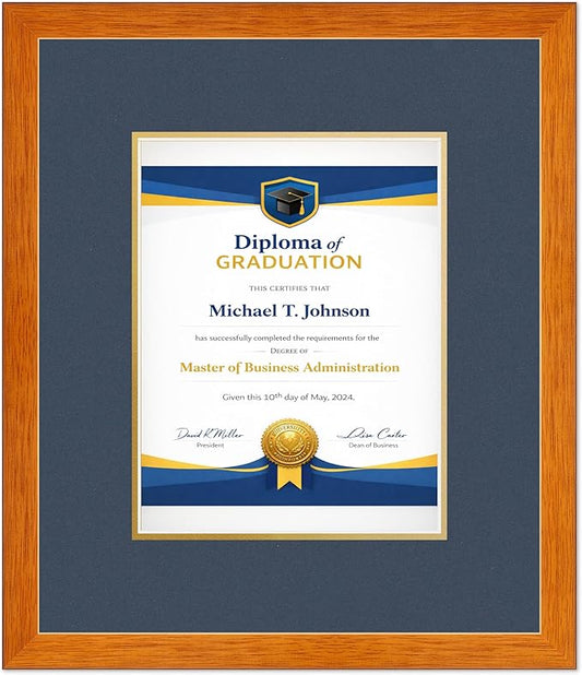 Diploma Frame Honey Oak with Navy Blue Over Gold Double Mat - Fits 8.5 x 11 Certificate (Portrait) Wall Display Made in the USA