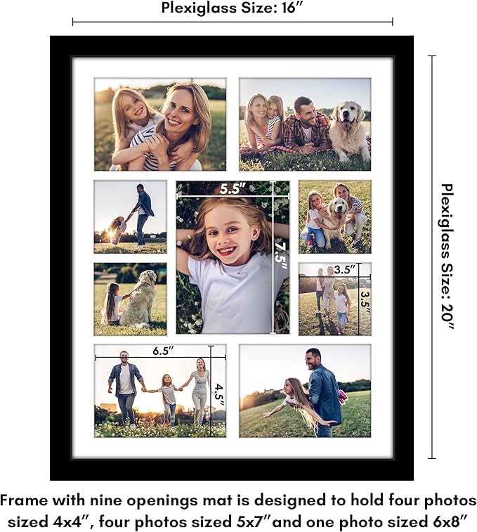 Americanflat 16x20 Collage Picture Frame with Polished Plexiglass - Multi Picture Frames Fit One 6x8, Four 5x7 and Four 4x4 Photos or Use as One 16x20 Frame - Signature Collection - Black
