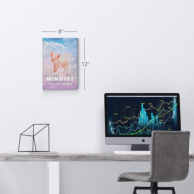 Smile Art Design Mindset is Everything Cute Pig with Wings Flying in Sky Motivational Canvas Wall Art Inspirational Wall Art Entrepreneur Quote Print Office Living Room Decor Gift Ready to Hang 28x19