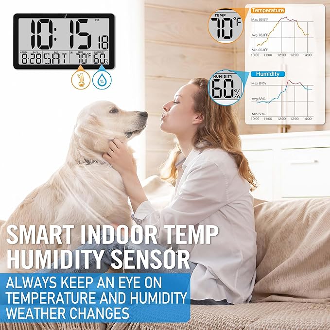 TXL Large Display Digital Wall Clock, Battery Operated with Temperature & Humidity, Auto DST, Date & Weekday, Easy Set Alarm, for Living Room, Bedroom, Office & Classroom (Black)