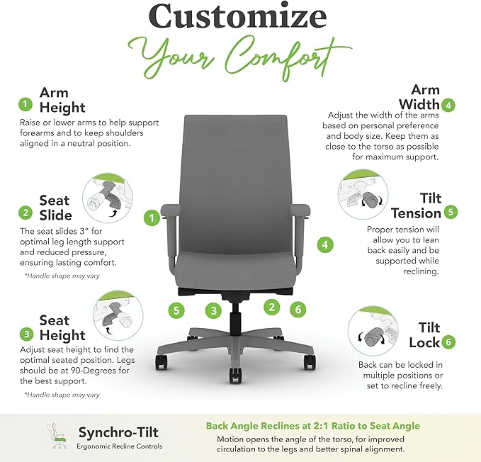 HON Ignition 2.0 Fabric Office Chair, Upholstered, Adjustable Arms, Advanced Synchro-Tilt Recline Executive Ergonomic Office Chair, Titanium Frame, Frost