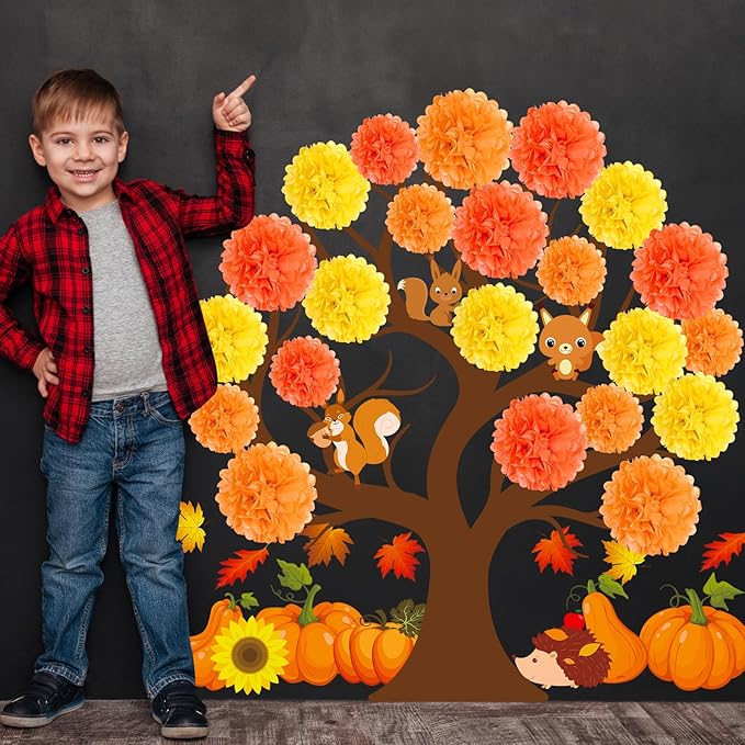 Fall Thanksgiving Tree Bulletin Board Set Decorations for Classroom Autumn 3D Tree Bulletin Board with Maple Leaf Pumpkin Cutouts for Fall Thanksgiving Party School Nursery Classroom Blackboard Decor