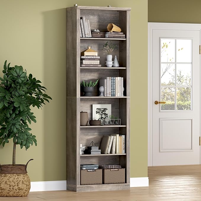 75" Tall Bookshelf, 6-Tier Floor Standing Bookcase with 2 Adjustable Shelves, 24" Wide Open Storage Shelf, Modern Display Organizer for Home Office, Living Room, Bedroom, Study