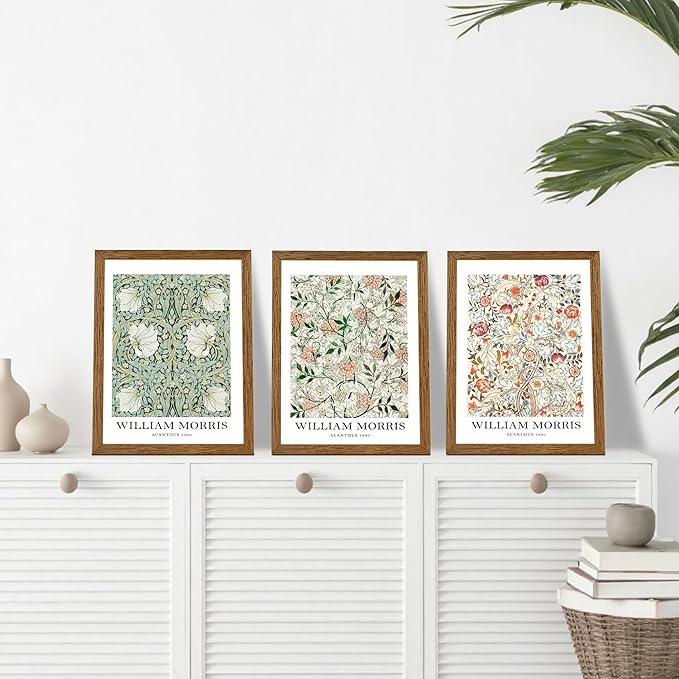 InspiredHues 3 Pieces William Morris Classic Canvas Wall Art, Green Pink and White Floral Design Wall Decor, Vintage Botanical Art Prints for Living Room Office Home Decoration 12x16 inch Wood Framed