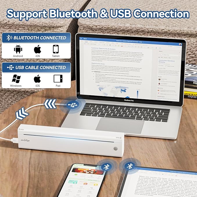 PeriPage P85 Portable A4 Thermal Printer, Wireless Bluetooth Inkless Printer, Compact Mobile Printer for Travel Office Home, Compatible with iOS Android Laptop, 304DPI Clear Printing