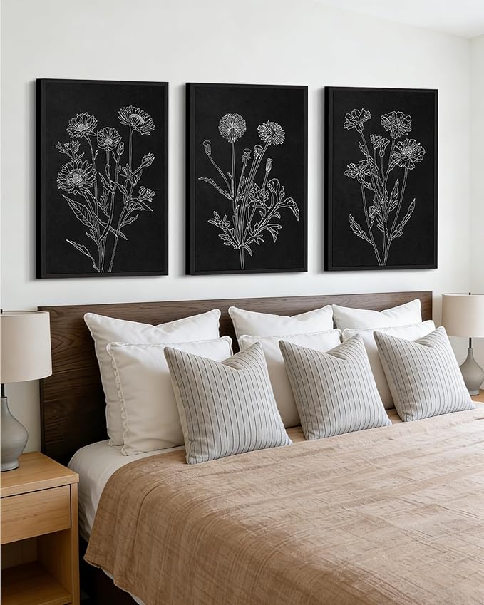 Drsoum Black White Flower Wall Art Vintage Minimalist Floral Wall Hanging Decor Bohemain Botanical Prints Artwork for Bedroom Living Room Hallway 24x36in Black Framed