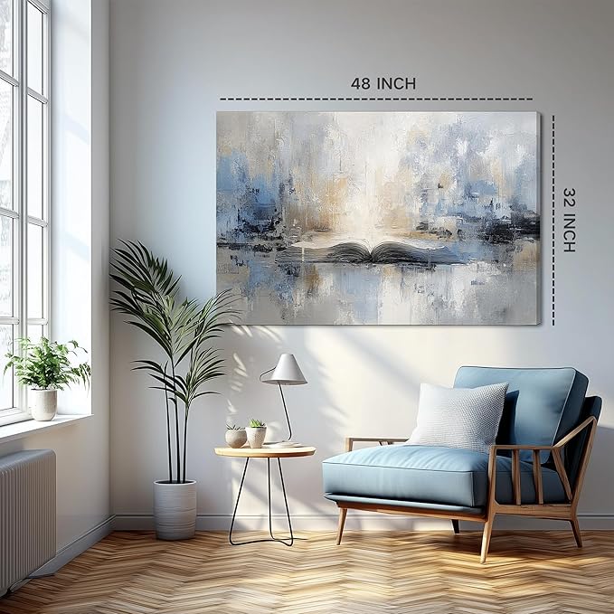 XRZ Abstract Wall Art – Blue and Beige Scripture Canvas – Christian Wall Decor for Living Room Bedroom Office – 48x32 Inch