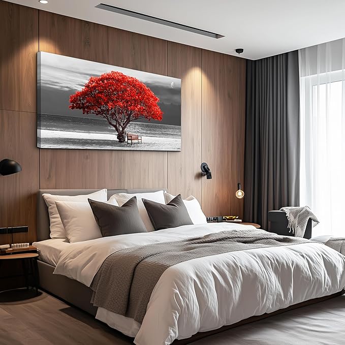 wall art for living room Decorations Photo Prints - panoramic black and white with red trees The moon Landscape - Modern Home Decor The room Stretched and Framed Ready to Hang artwork 20x40inches