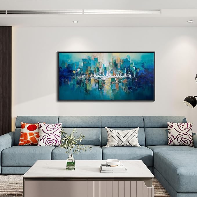 Large Framed Abstract Wall Art for Living Room - Teal and White Modern Cityscape Painting, Contemporary Canvas Wall Decor for Office, Bedroom, Ready to Hang Size 20×40 Inch