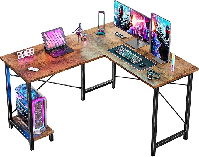 DUMOS L Shaped Desk, Computer Gaming Desks Corner Office Table with CPU Shelf for Home Study Writing Work Station 50 Inch, Rustic Brwon