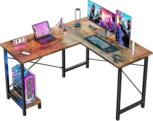 DUMOS L Shaped Desk, Computer Gaming Desks Corner Office Table with CPU Shelf for Home Study Writing Work Station 50 Inch, Rustic Brwon