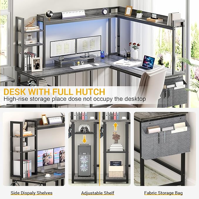 Aheaplus L Shaped Gaming Desk, Reversible L Shaped Desk with Power Outlet and Led Lights, Gaming Desks Corner Computer Desks with Hutch, Monitor Stand and Storage Bag for Home Office, Black Oak