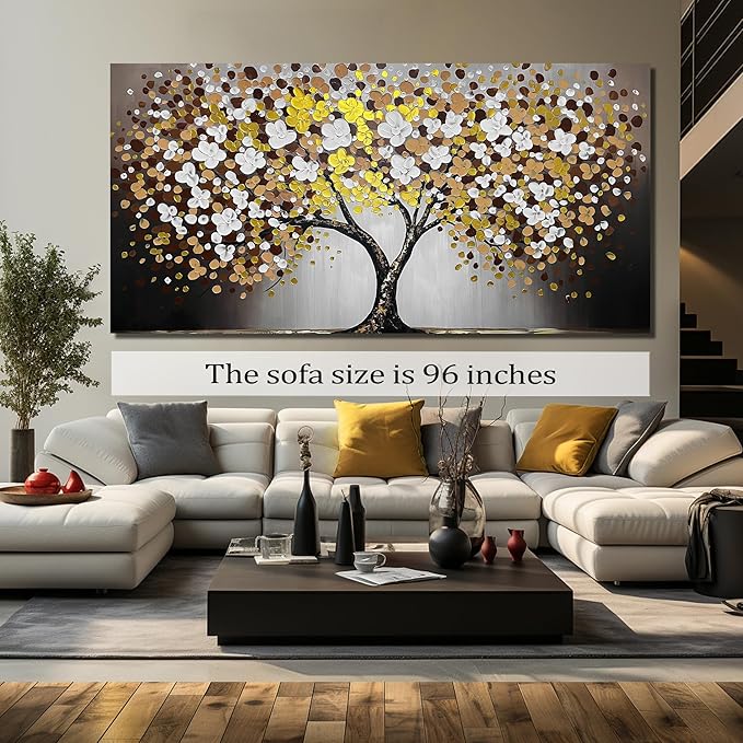 Tree Painting for Living Room for White and Gold Wall Art for Dining Room Extra Large Home Office Decor 47 x 95 Inch