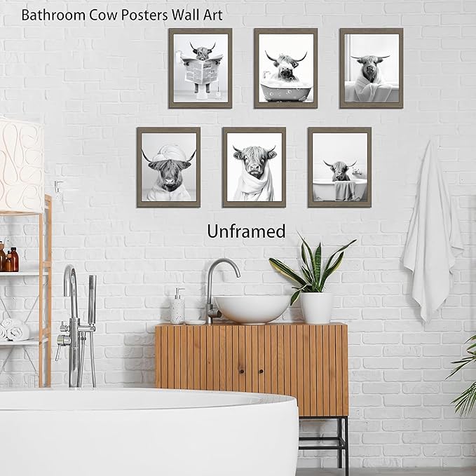 SEHSUVC Funny Bathroom Cow Posters Wall Art Set of 9, Vintage Black and White Highland Cow Canvas Wall Decor Painting, Humor Animals Pictures Prints for Bedroom Bathroom Childrenroom 8x10In Unframed
