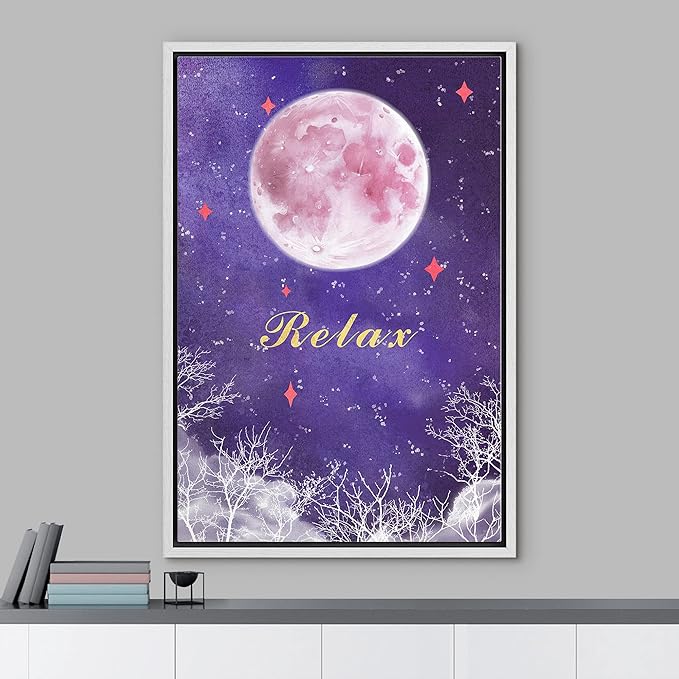 IDEA4WALL Framed Canvas Print Wall Art Tranquil Watercolor Galaxy with Pink Moon Astronomy & Space Sky Illustrations Modern Art Glam Colorful Ultra for Living Room, Bedroom, Office - 24"x36" WHITE