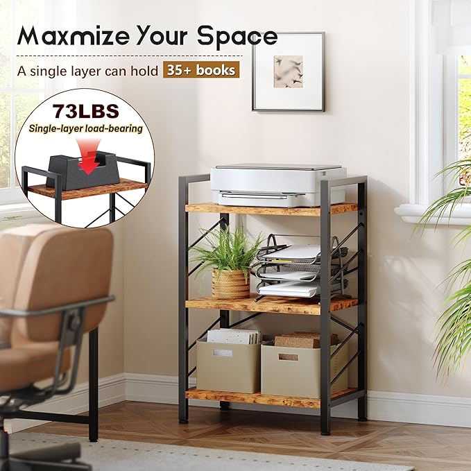 Book Shelf, Industrial 3 Tier Small Bookshelf, Bookcase with Metal Frame and Sidebars, Storage Shelves for Bedroom, Home Office and Living Room, Rustic Brown