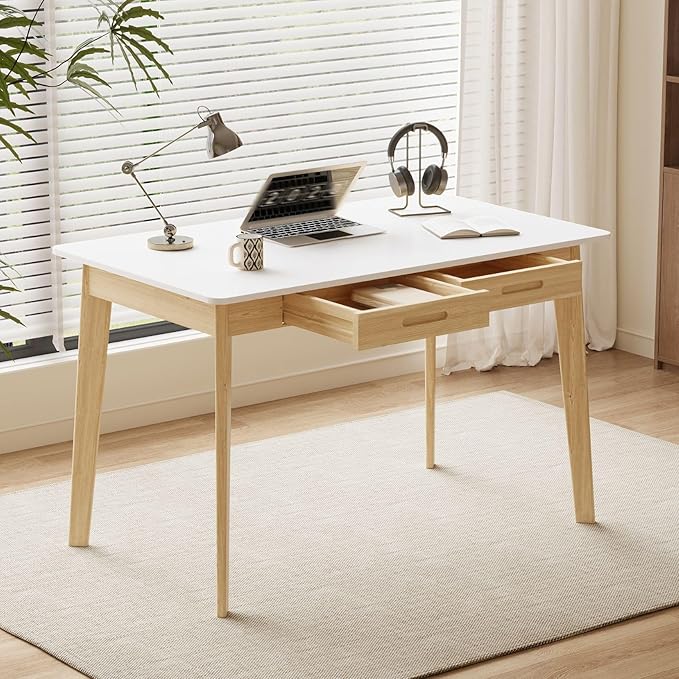 40 Inch Compact Computer Gaming Desk, White Study Work Office Desk with 2 Storage Drawers, Rectangular Study Reading Table, Simple Computer Writing Table for Home Office, Living Room