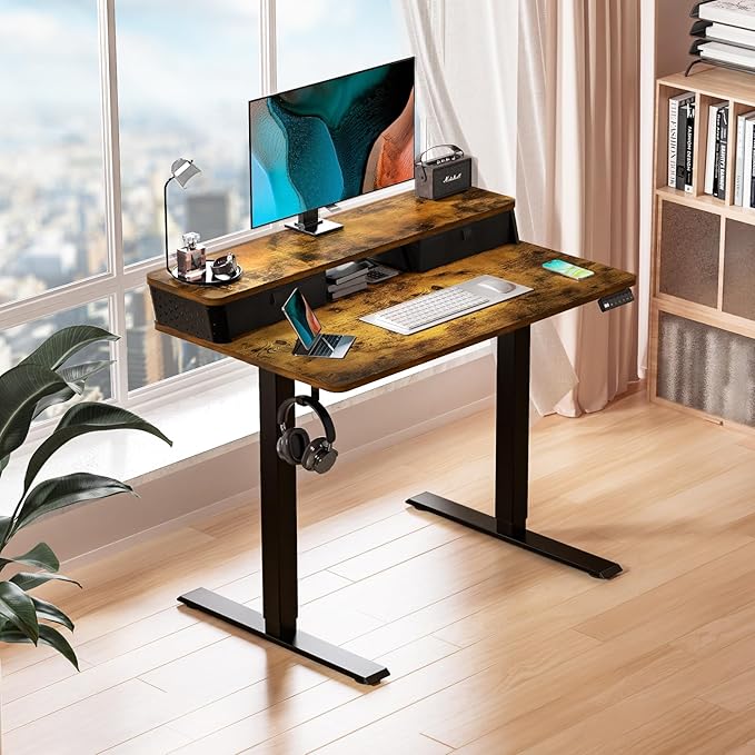 Kingant 35 x 20 Inch Small Electric Standing Desk with Dual Drawers, Height Adjustable Sit to Stand Computer Desk with Storage Shelf and C-Clamp Mount Compatibility for Home Office, Rustic Brown