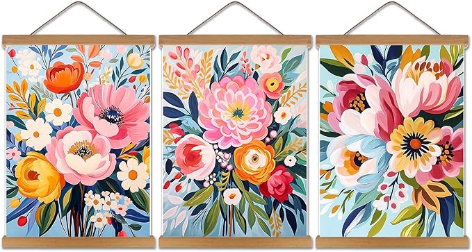 Colorful Flowers Posters Wall Art Set of 3 with Hanging Wooden Frame,Preppy Minimalist Canvas Wall Decor Prints,Vintage Beautiful Wildflower Artwork for Living Room Bedroom Bathroom Home Decor 12x16In