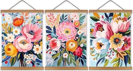 Colorful Flowers Posters Wall Art Set of 3 with Hanging Wooden Frame,Preppy Minimalist Canvas Wall Decor Prints,Vintage Beautiful Wildflower Artwork for Living Room Bedroom Bathroom Home Decor 12x16In