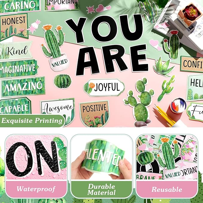 45pcs Cactus Affirmation Station Bulletin Board Set Motivational Posters Classroom Mirror Growth Mindset Decor Positive Affirmations Accents Cutouts for School Office Home Teacher Wall