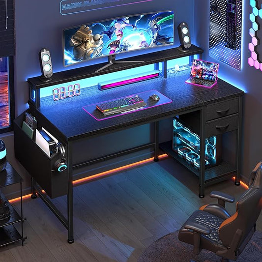 40" Gaming Desk with Drawers&Storage Bag, Computer Desk with Power Outlets and LED Lights, Office Desk with Monitor Stand for Bedroom Gaming Room, Study Work Home Office, Small Spaces, Black