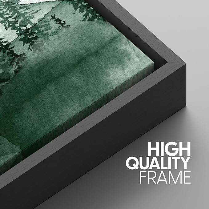 SIGNWIN 3 Piece Framed Canvas Wall Art Green Watercolor Landscape with Moon Nature Wilderness Illustrations Abstract Traditional Home Artwork Decoration for Living Room,Bedroom - 24"x36"x3 Black