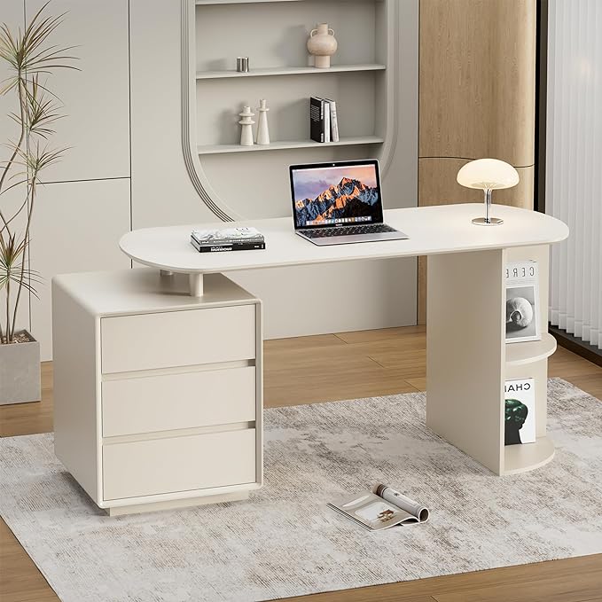 Qulomvs Desk with Drawers, 55inch Home Office White Desk with Drawers and Storage Shelves, Cream White Modern Simple Style Laptop Desk, Work Study Writing Table Workstation for Home Office