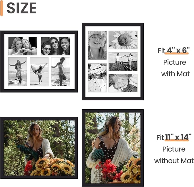 upsimples 11x14 Collage Picture Frame, Display Pictures 5 4x6 with Mat or 11x14 Without Mat, Wall Hanging 5 4x6 Picture Frame Collage Wall Decor, Black, 1 Pack