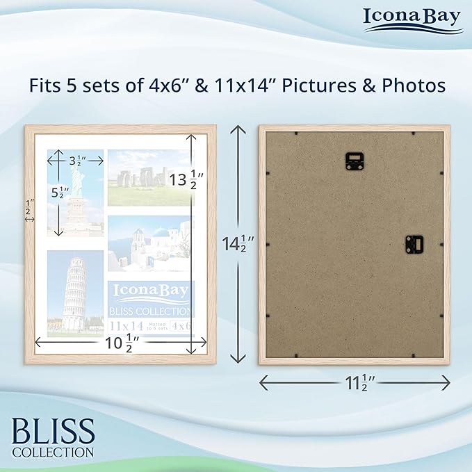 Icona Bay - 11x14 Light Oak Collage Picture Frame with Removable Mat for 5-4x6 Photos - Modern Style Engineered Wood Frame - Wall Mount Only - Bliss Collection