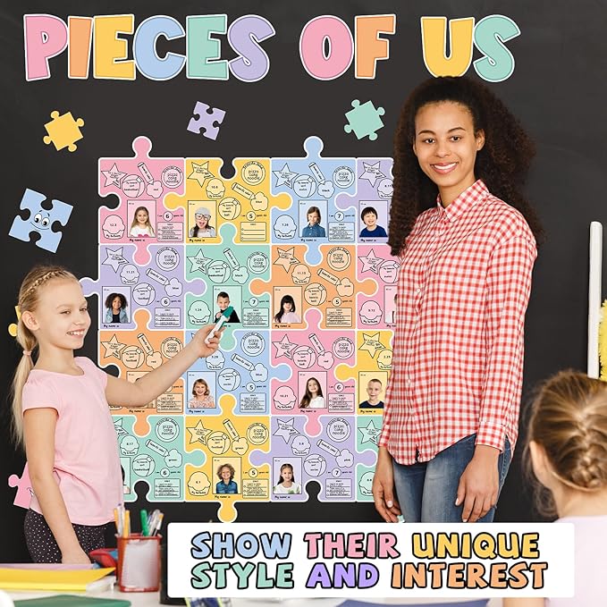 Pieces of Us Bulletin Board Set Puzzle Self-introduction Themed Classroom Bulletin Board Decorations All About Me Cutouts Classroom Decorations for Back to School Office Home Chalkboard Decor W