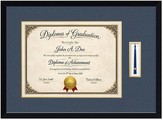 Diploma Frame with Tassel Holder Matte Black Shadowbox Navy Blue Over Gold Mat - Fits 17 x 13 Degree Made in the USA